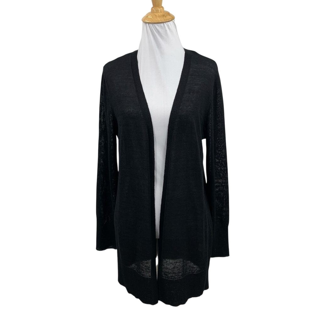 Halogen Cardigan Womens XS Extra Small Black Linen Blend Open Front Long Sleeve